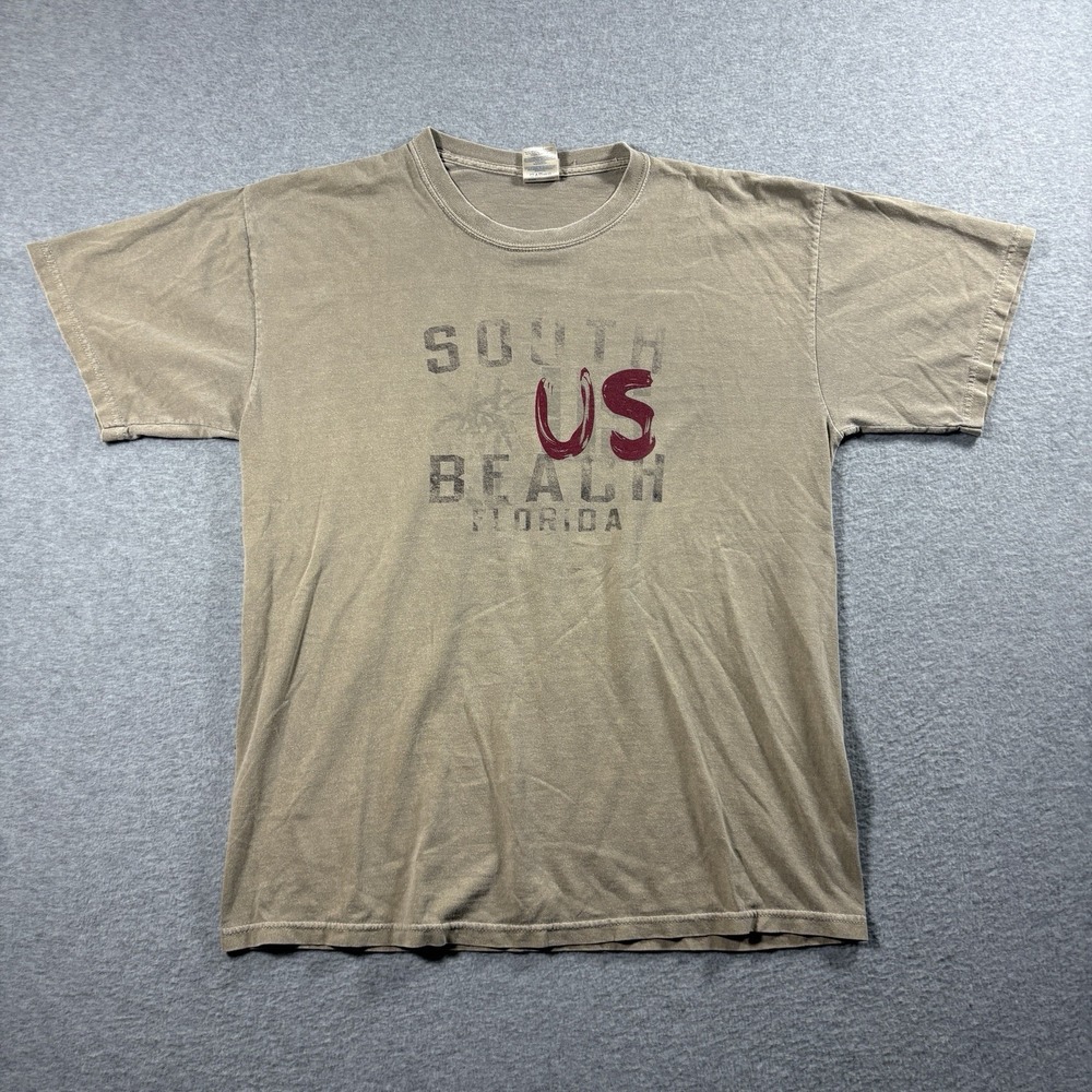 2000s South Beach Florida T Shirt Mens Large Tan Faded Y2K Graphic Tee Surf